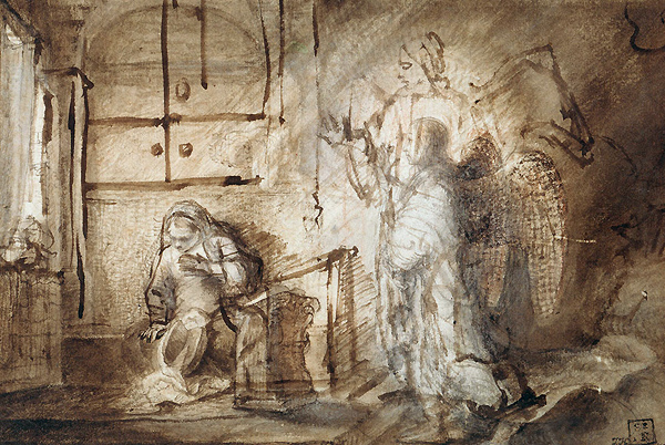 Благовещение Марии.  Рембрандт Харменс ван Рейн и Константин Даниэль ван Ренессе, 1652 г.
